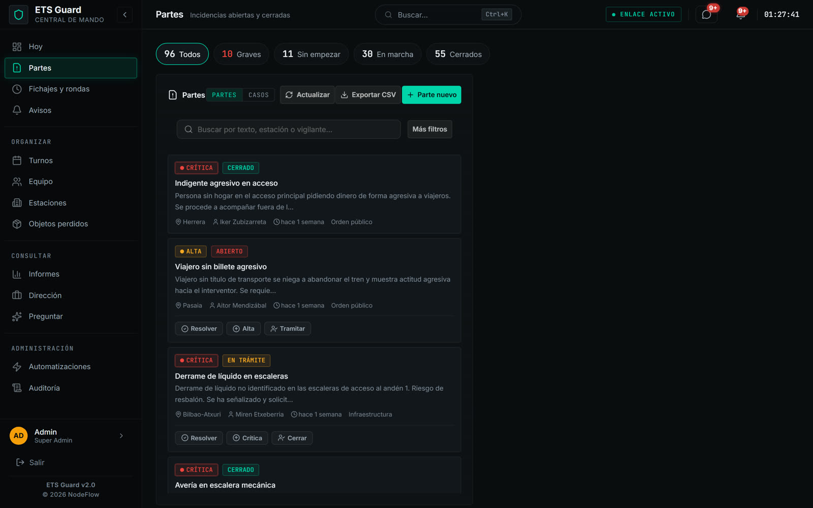 Pantalla de incidencias de NodeFlow Guard: listado con tipo, estación, estado y responsable de cada incidencia.