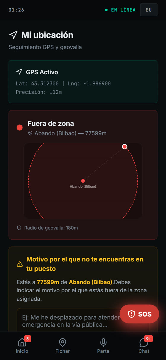 Pantalla de ubicación con GPS en la aplicación del vigilante de NodeFlow Guard.
