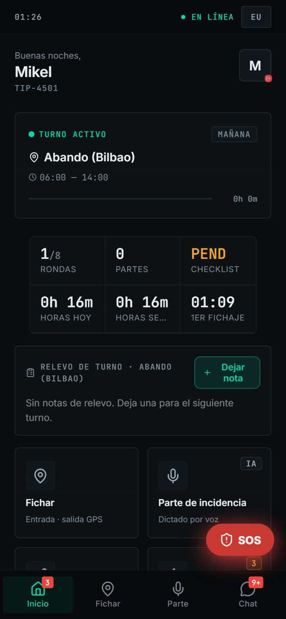 Pantalla de inicio de la aplicación móvil del vigilante en NodeFlow Guard.