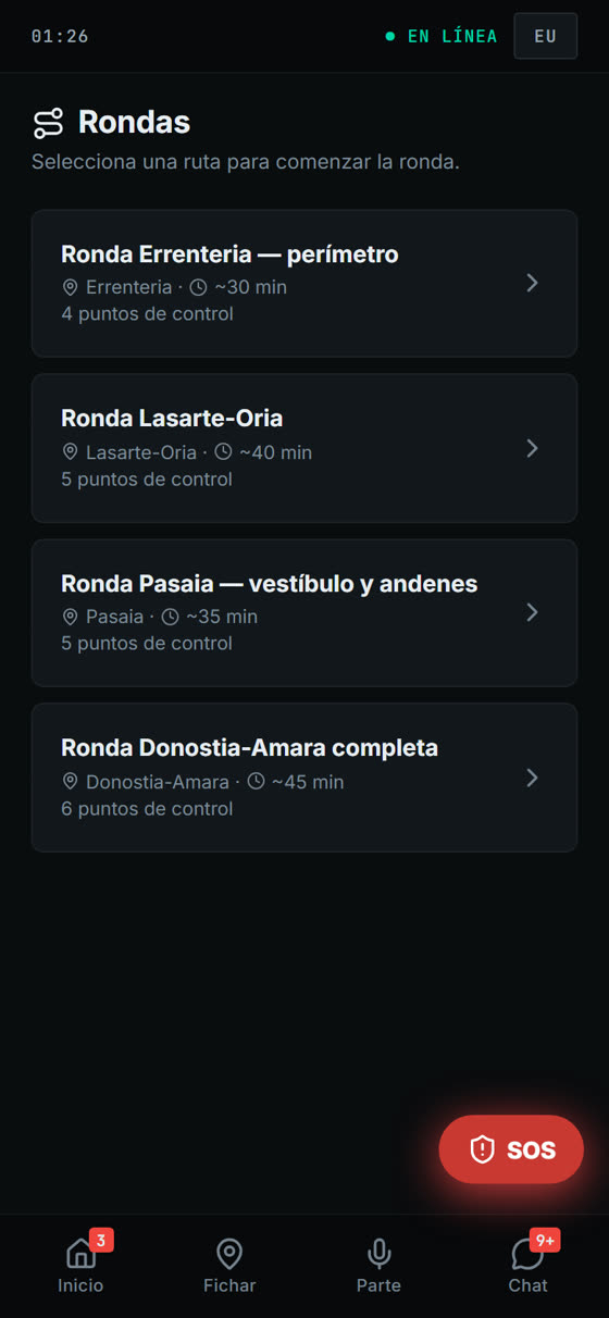 Pantalla de rondas con puntos de control en la aplicación del vigilante de NodeFlow Guard.