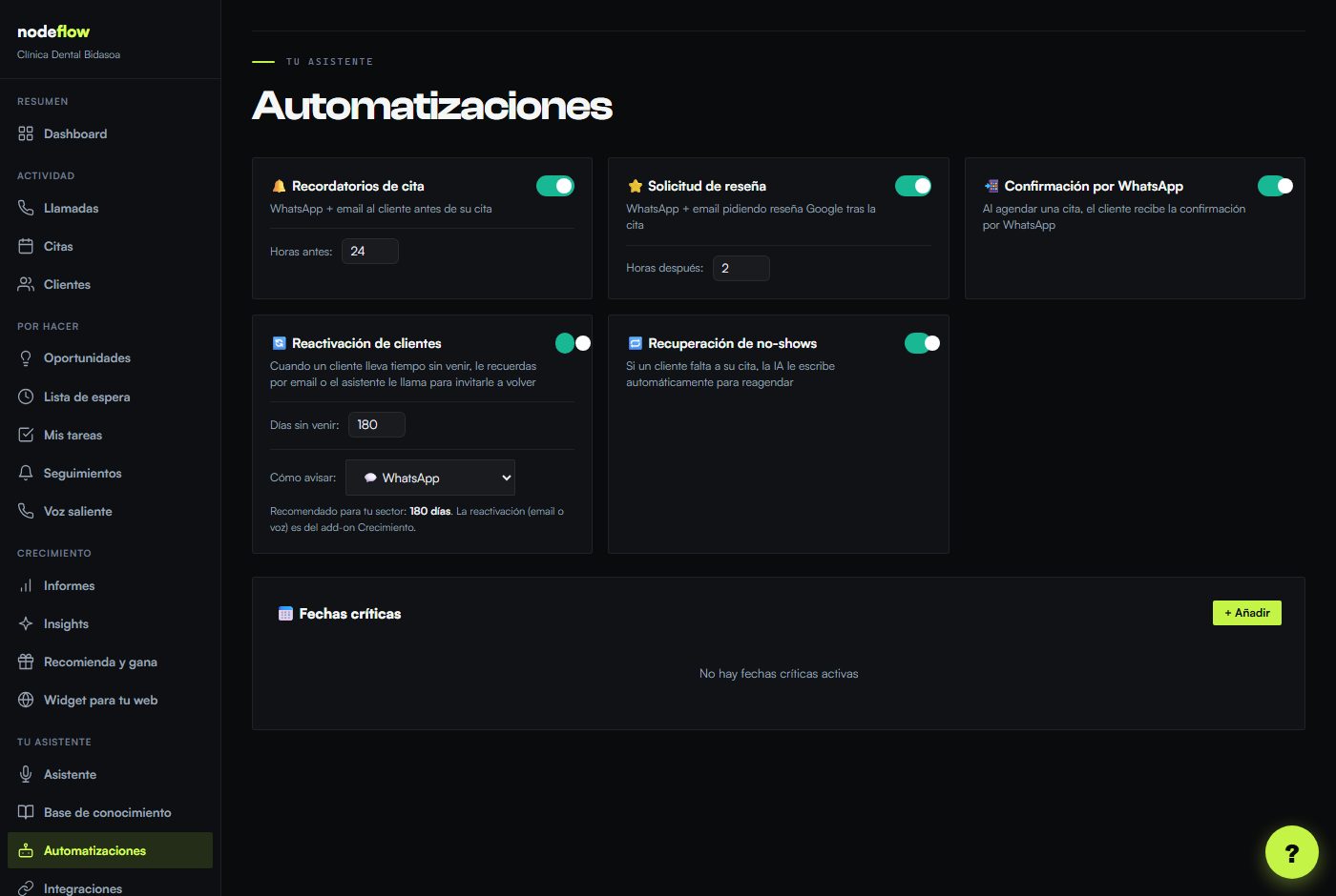 Pantalla Automatizaciones del portal NodeFlow con los interruptores de recordatorios, reseñas y confirmaciones.