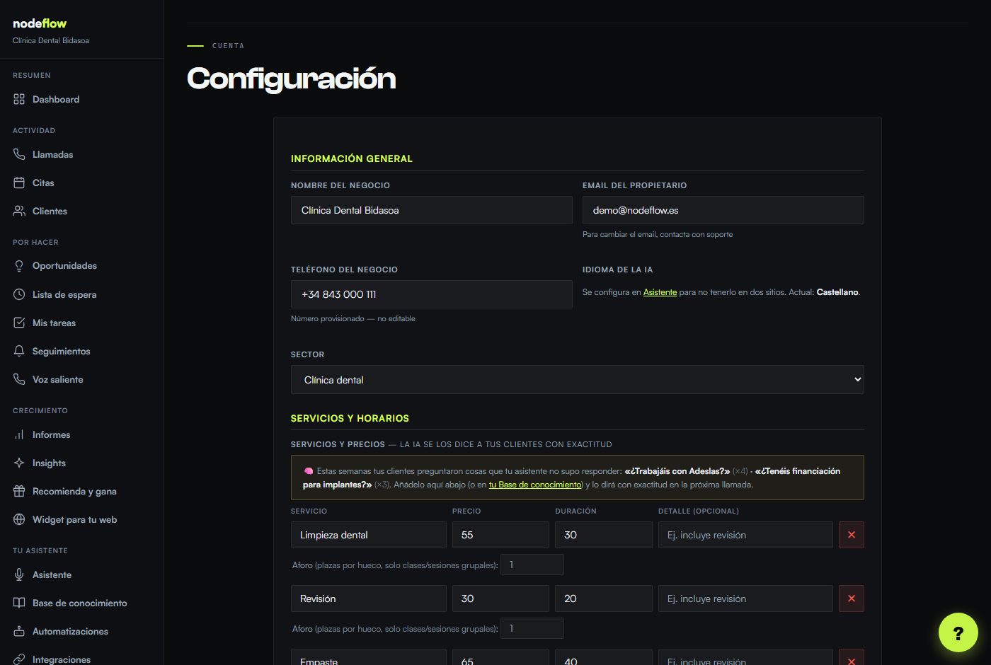 Pantalla Configuración del portal NodeFlow con los datos de la cuenta y del negocio.