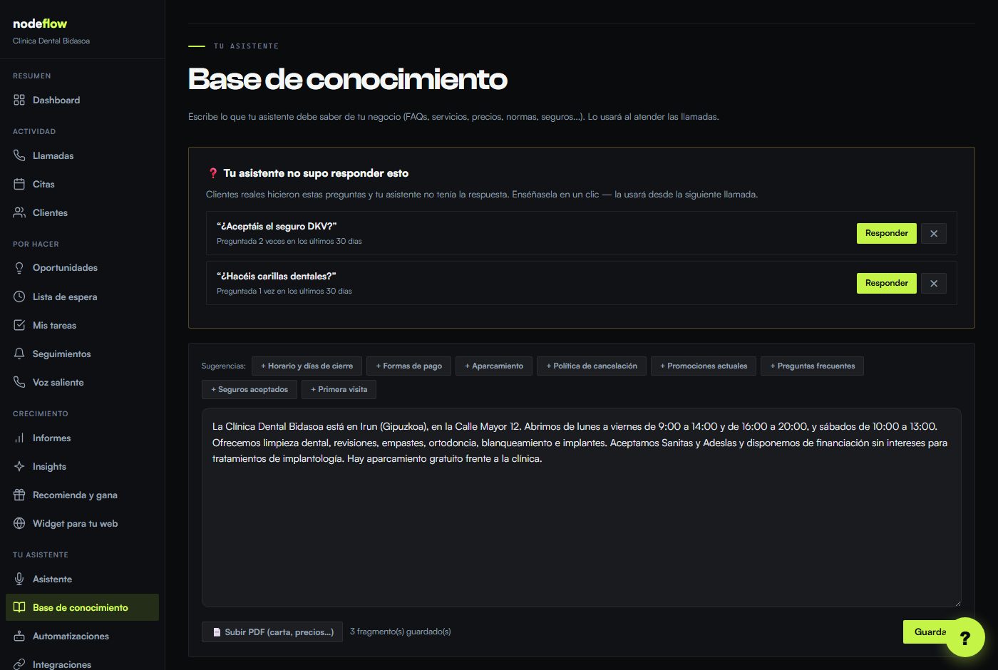 Pantalla Base de conocimiento del portal NodeFlow, con el cuadro de texto donde el negocio describe toda su información.