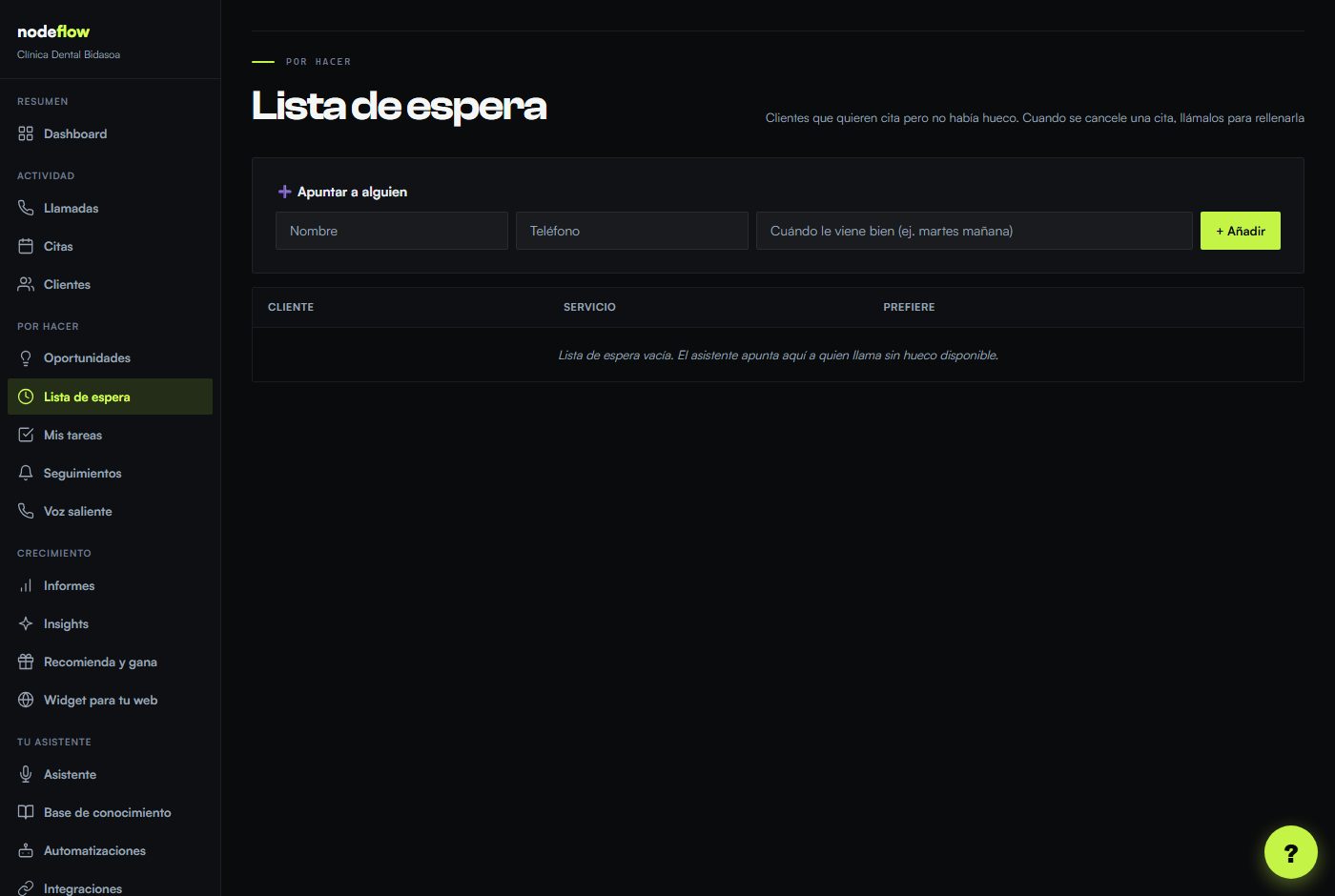 Pantalla Lista de espera del portal NodeFlow.