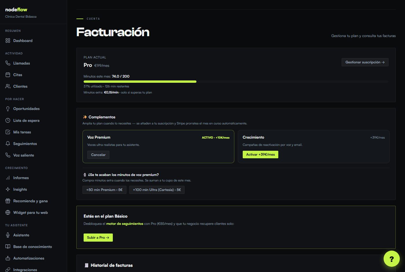 Pantalla Facturación del portal NodeFlow con plan actual, minutos, complementos e historial de facturas.