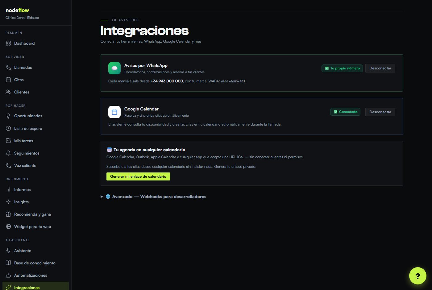 Pantalla Integraciones del portal NodeFlow con las opciones para conectar Google Calendar, Outlook y WhatsApp.