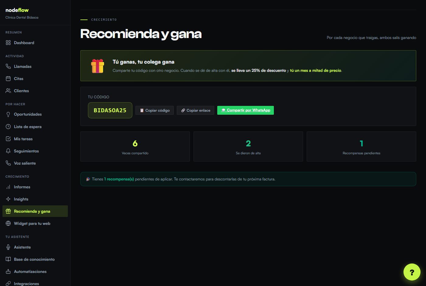 Pantalla Recomienda y gana del portal NodeFlow con el código y enlace de referido.