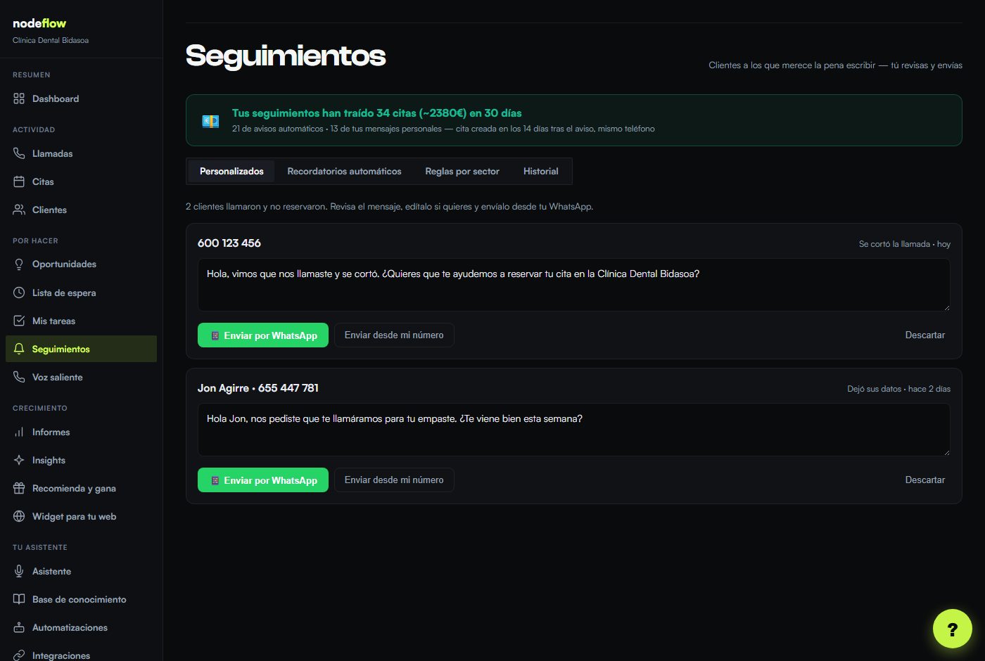 Pantalla Seguimientos del portal NodeFlow con las reglas de avisos automáticos y su alcance.