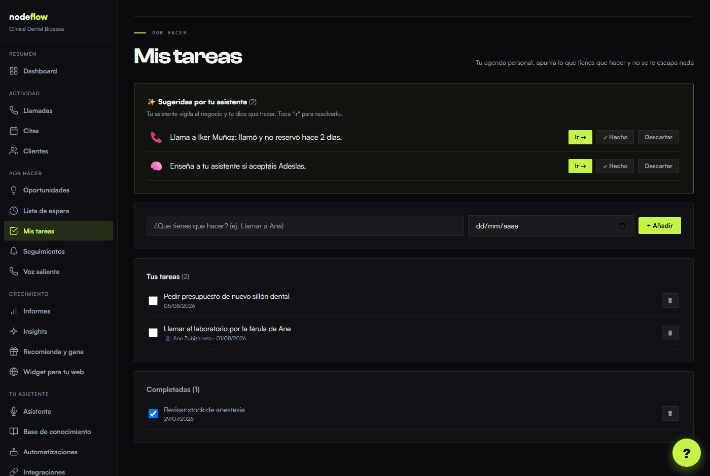 Pantalla Mis tareas del portal NodeFlow con la lista de pendientes.