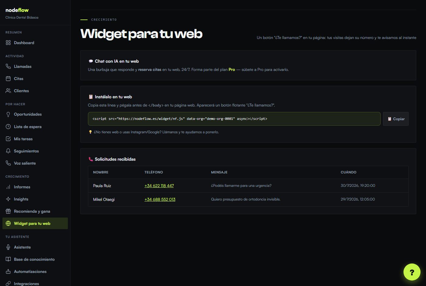 Pantalla Widget para tu web del portal NodeFlow.